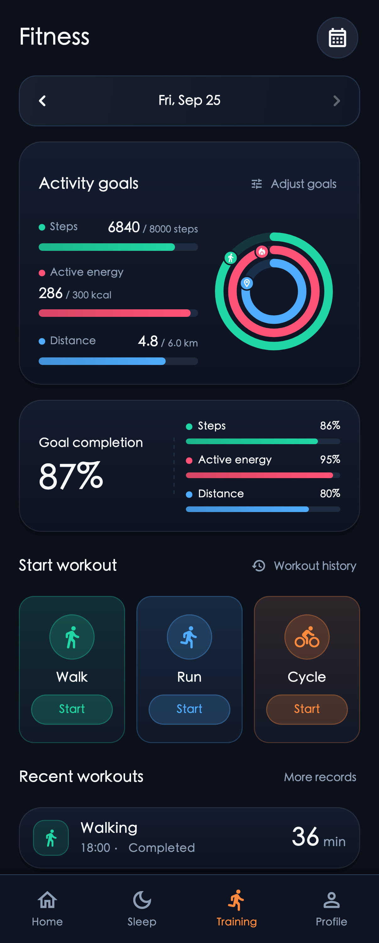 RINGRINX Training screen with activity goals and progress